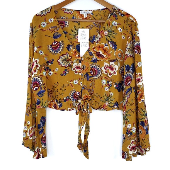 Patrons of Peace Tops - Patrons Of Peach Bell Sleeve Floral Crop Top**
